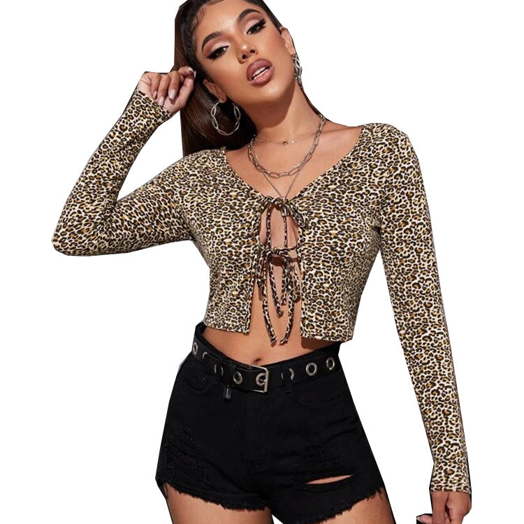 Women's Top Leopard Print Tie-Detail Long Sleeve T-Shirt