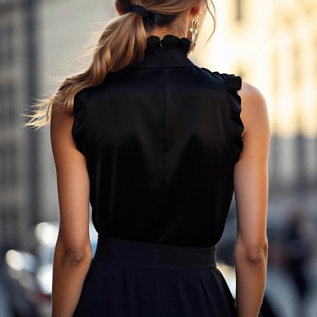 Womens Black Bud-collar Silk Sleeveless Top