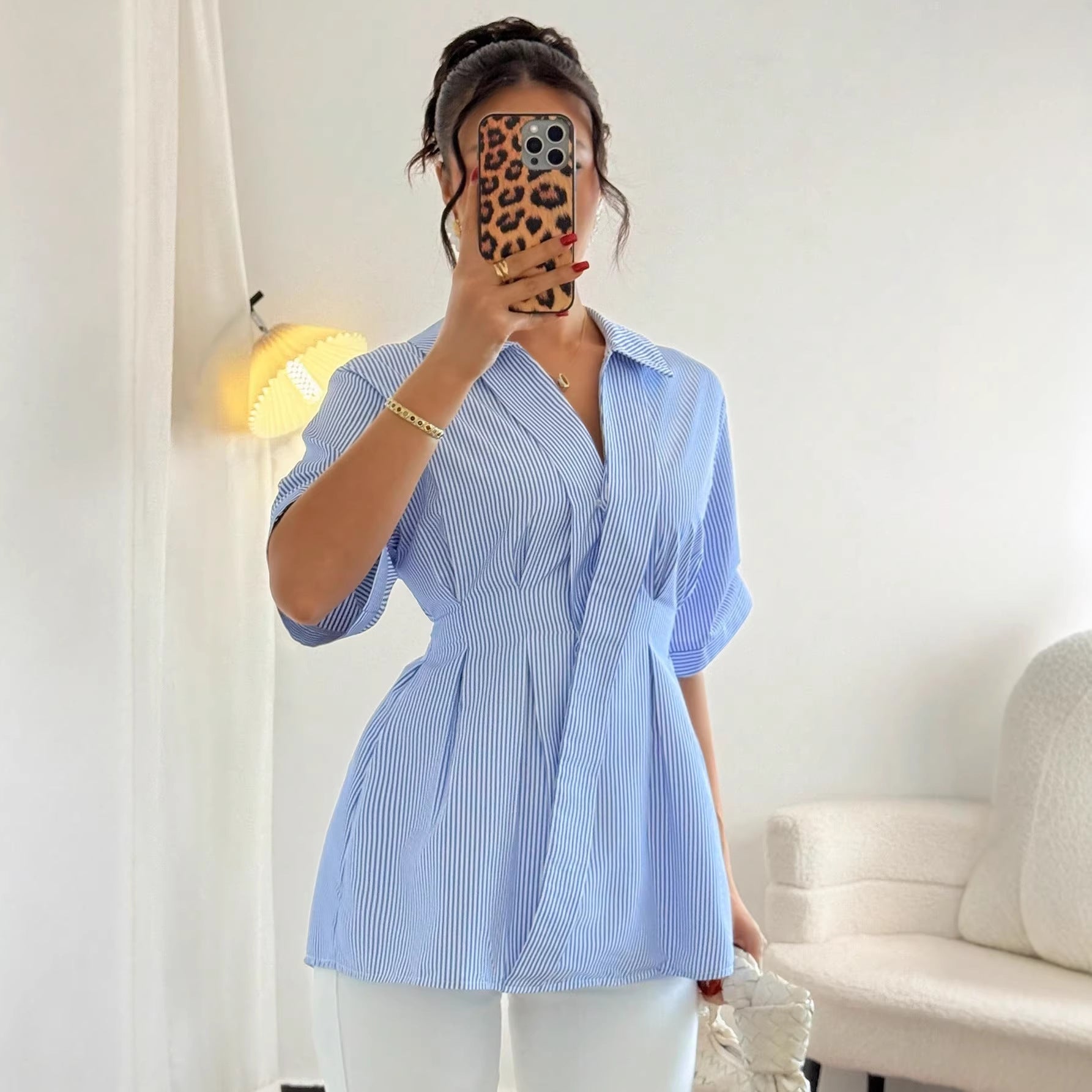 Womens SpringSummer Striped Shirt With V-Neck And Defined Waist For A Slimming Look