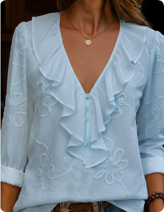 Women's Retro Ruffle-trimmed V-neck Shirt