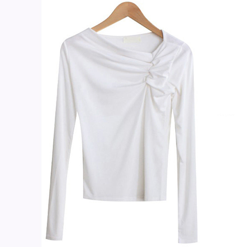 Diagonal Collar Long Sleeved Fitted T-shirt Base Solid Color Top