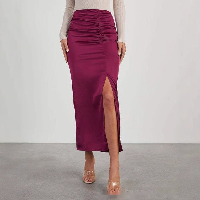 Stitching Split Elegant Silky Draping Satin Sheath Dress