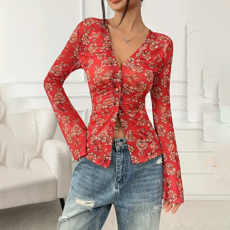 Women Button Down Floral Shirts 2025 Fall Trendy Long Sleeve V Neck Ruched Fitted Blouse Tops