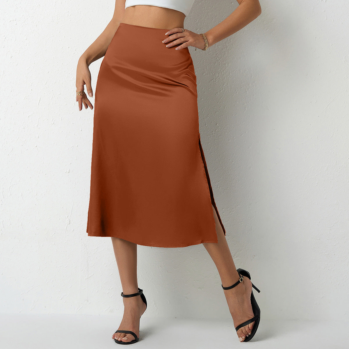 Popular Satin Midi Summer Long Slit Office Skirt