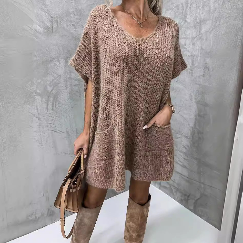 Loose Large Size Pocket Solid Color V-neck Long Sleeve