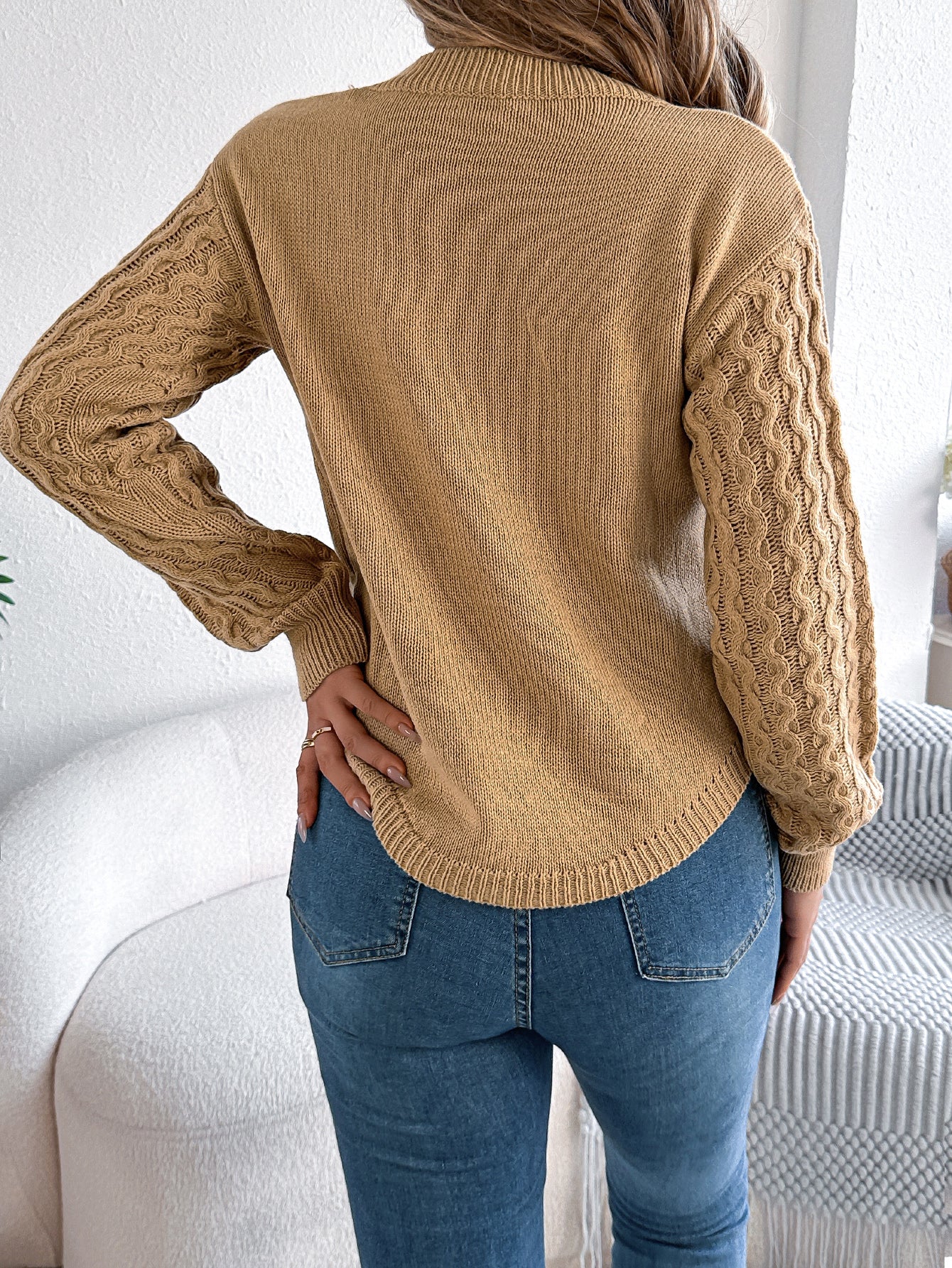Women Casual Solid Color Cable Knit Lantern Sleeve Irregular Pullover Sweater
