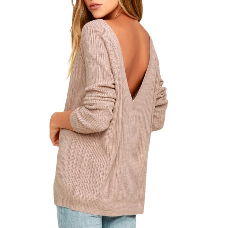 Womens Backless Knitted Sweater With A Deep V-Neck In The Back