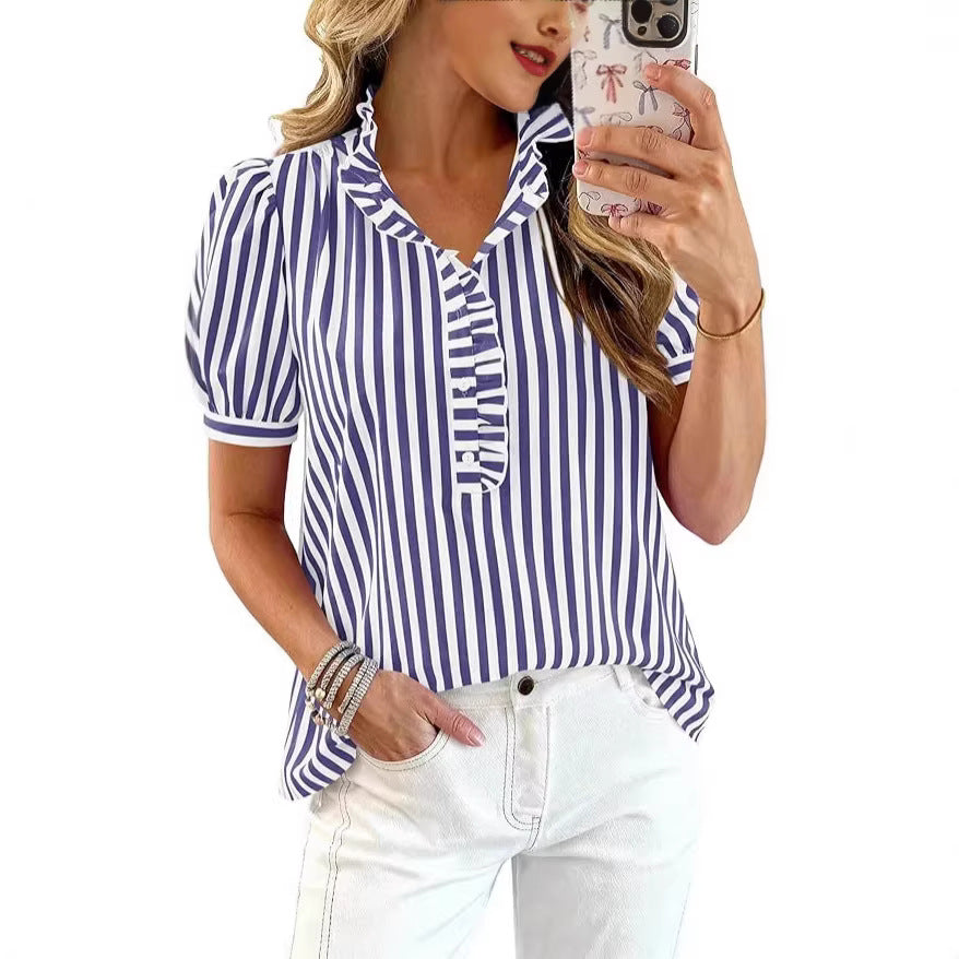 Puff-sleeve Striped Plaid Ruffled V-neck Button-up Top