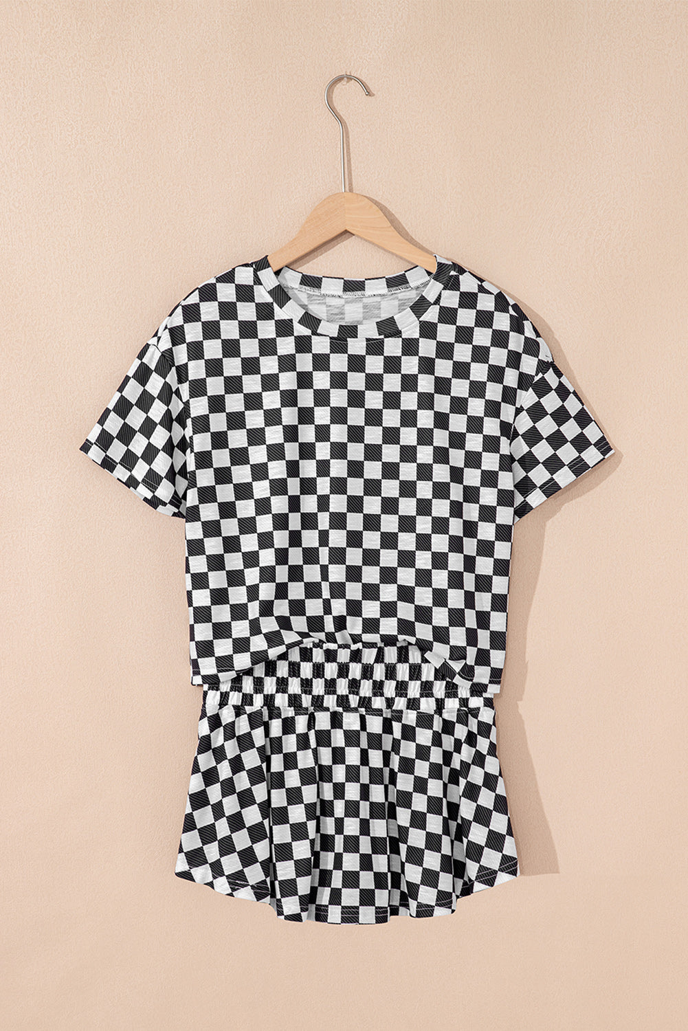 Black Checkerboard T Shirt and High Waist Skorts 2 Piece Outfit