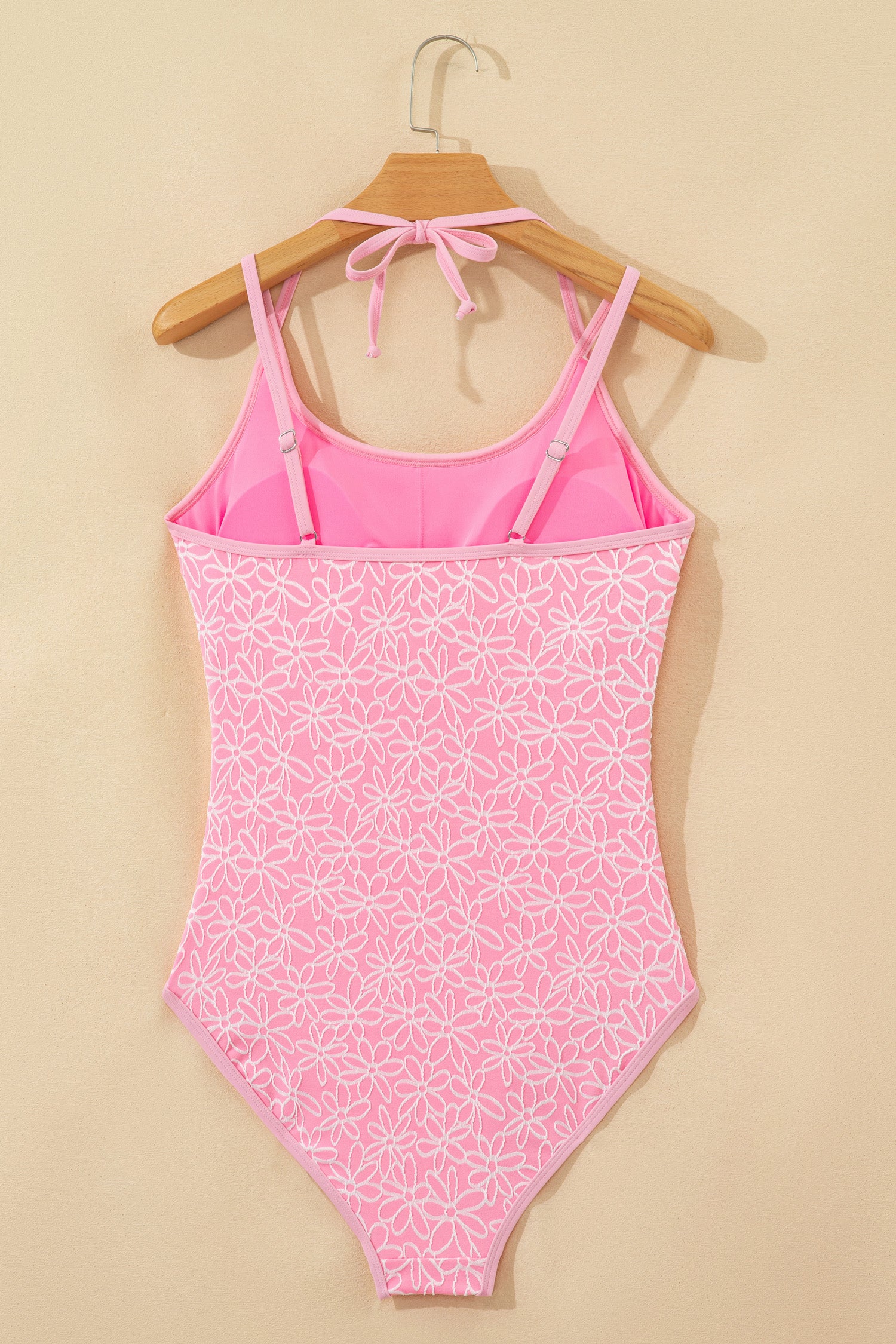 Pink Corded Flower Texture Spaghetti Straps Halterneck One Piece Swimsuit