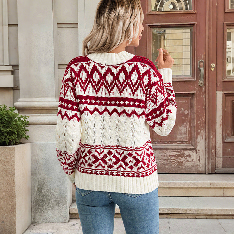 Retro Jacquard Pullover Knitted Sweater Women