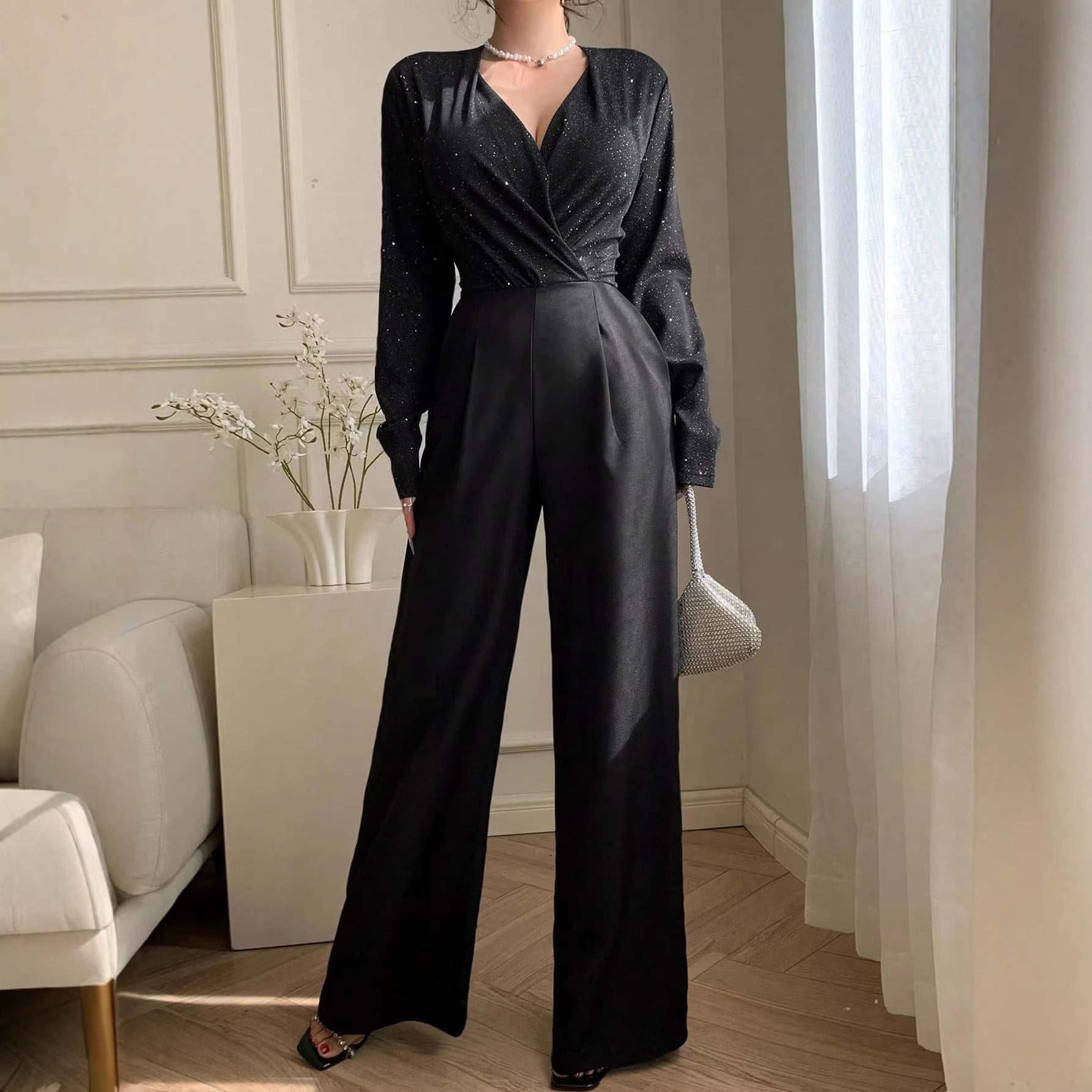 Womens Elegant, Sophisticated Solid-Color Long-Sleeve V-Neck Jumpsuit