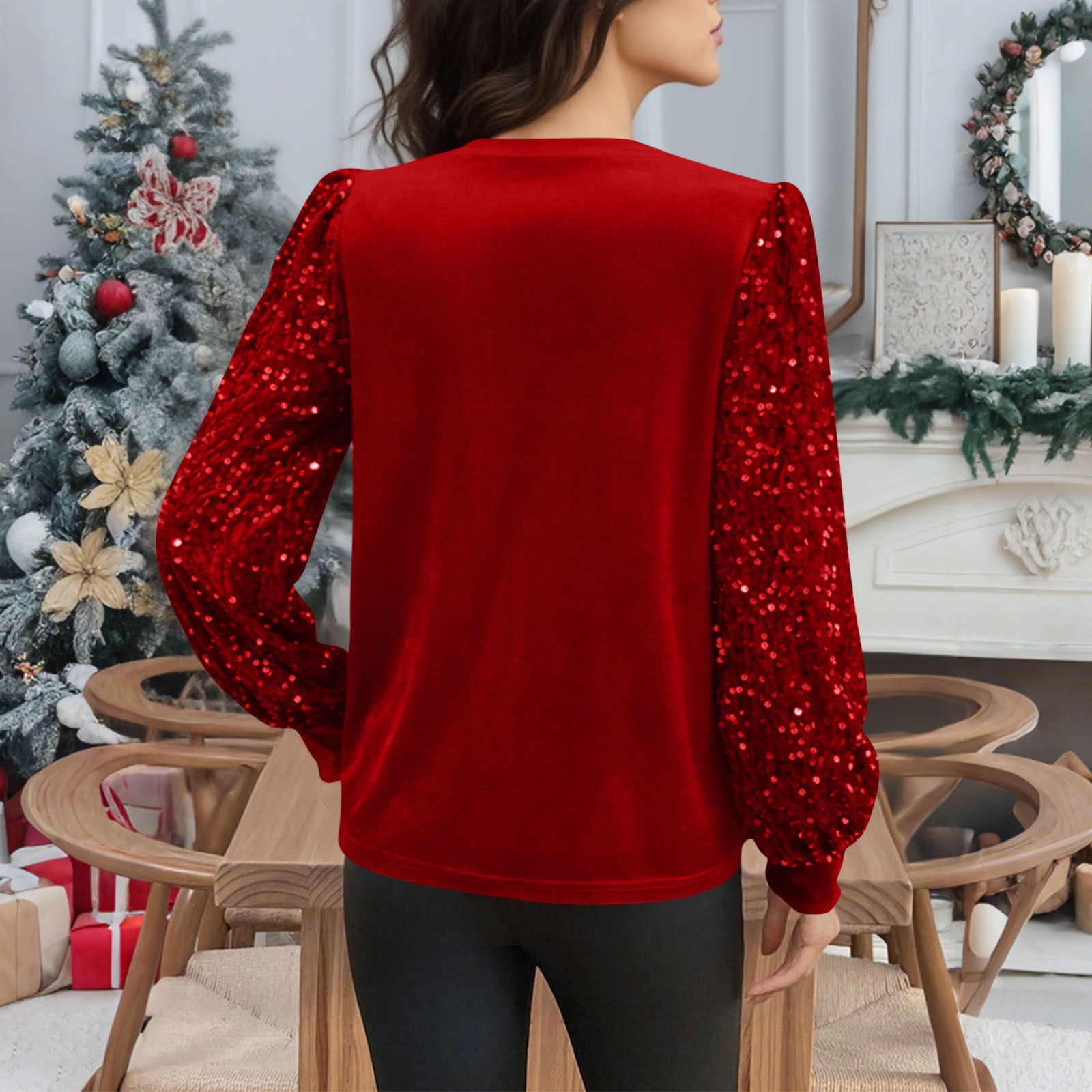Velvet Crew-Neck Sequin-Patchwork Long-Sleeve T-Shirt Top