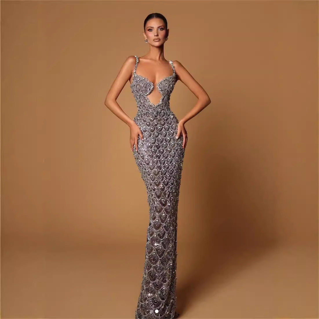 Fashion Backless V Sequined Suspender Ruffled Long Sheath Dress