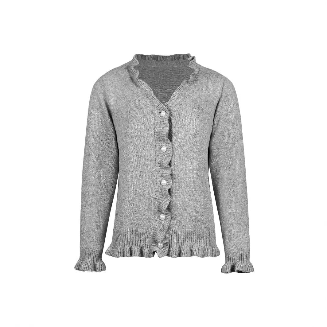 Wooden Ear Rib Knitted Cardigan Pearl Button Sweater