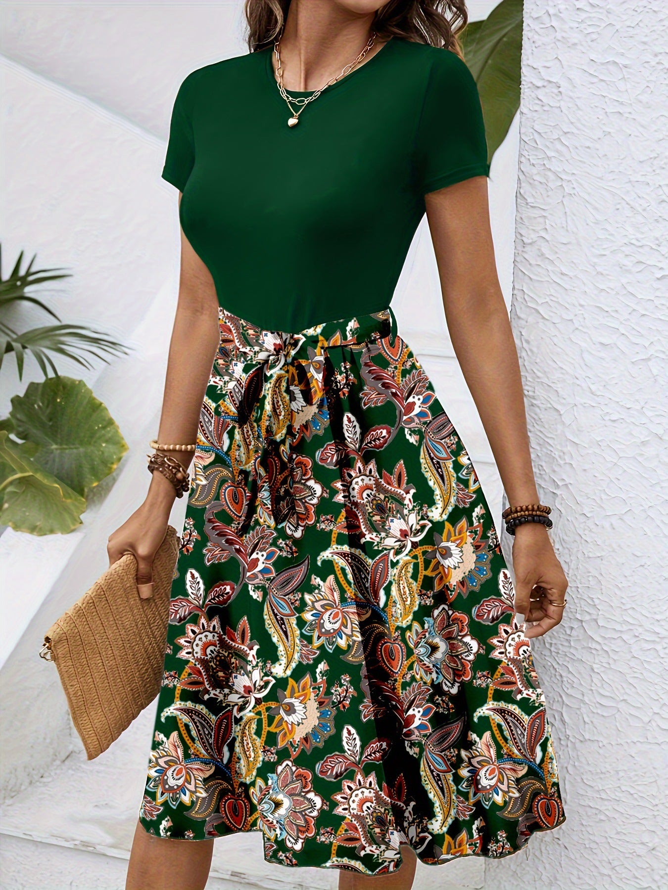 Fashionable Paisley-Print Colorblock Belted Dress