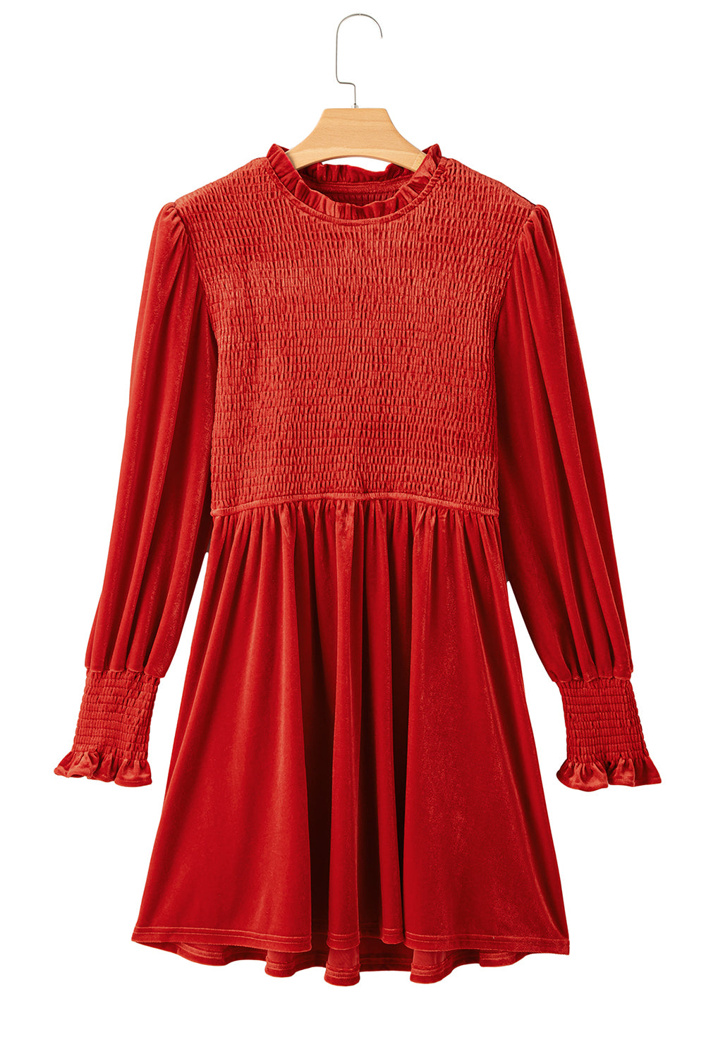 Green Smocked Lantern Sleeve Frilled Velvet Dress