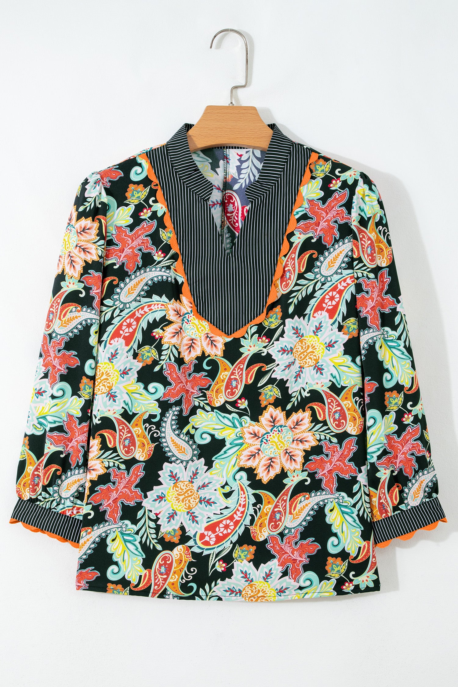 Black Contrast Ricrac Trim Striped Edge Patchwork Floral Print Blouse