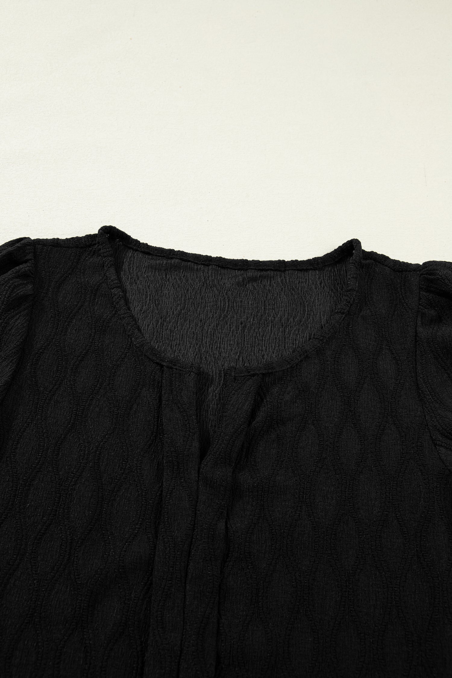 Black Solid Color Textured Notched Neck Puff Sleeve Blouse