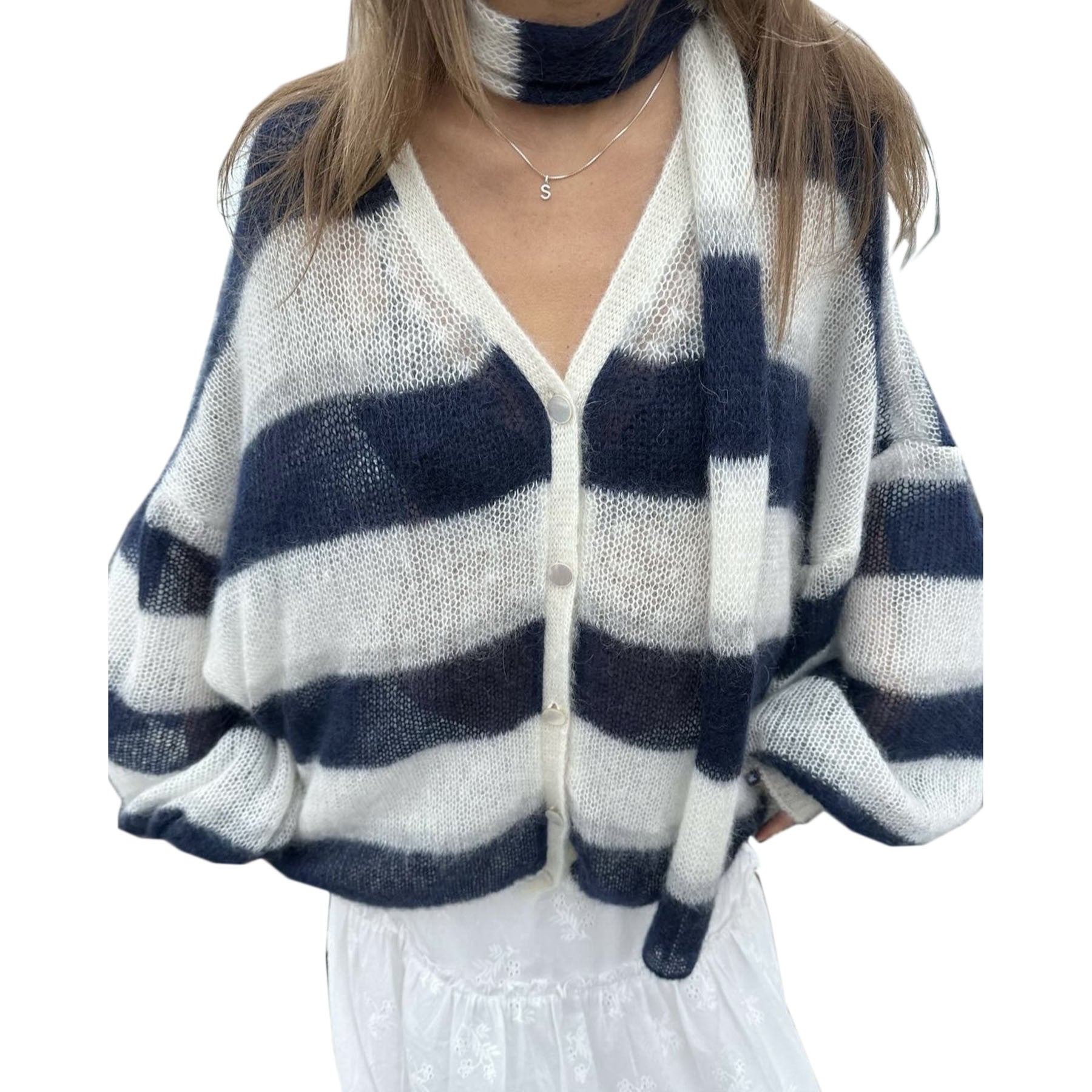 Loose And Idle Striped Sweater Cardigan With Scarf