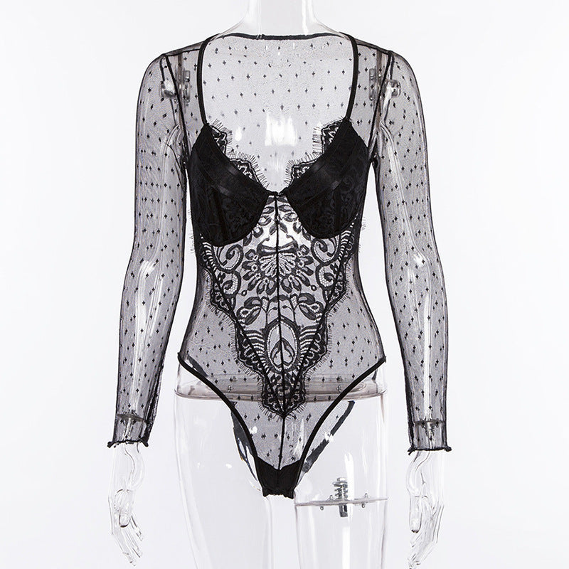 Mesh see-through long sleeve bodysuit