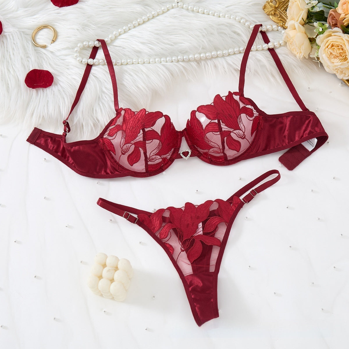 Sheer Floral Embroidery Sexy Lingerie Set