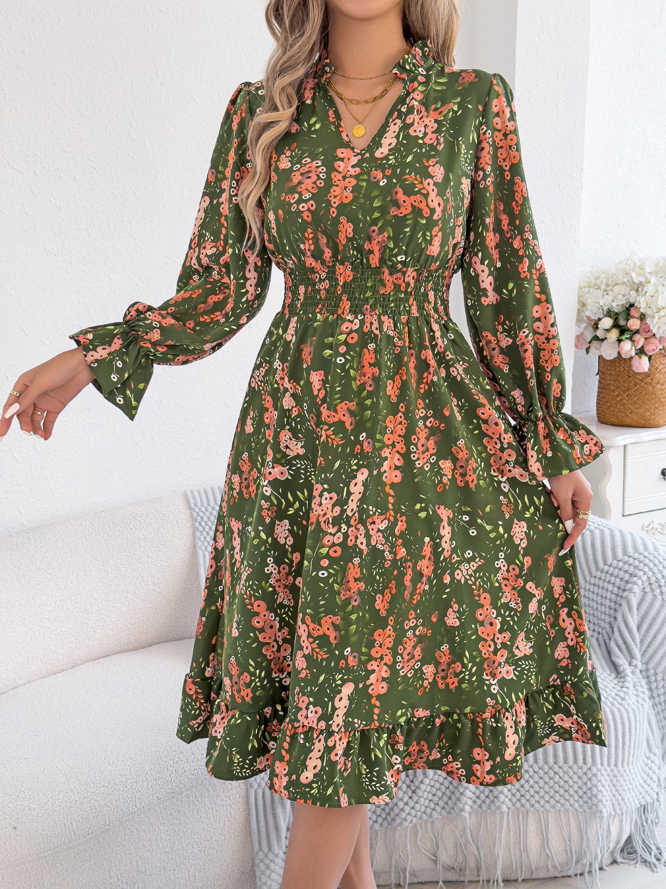 Women's Casual Floral Print Bell Sleeve Tie Waist A-Line Dress