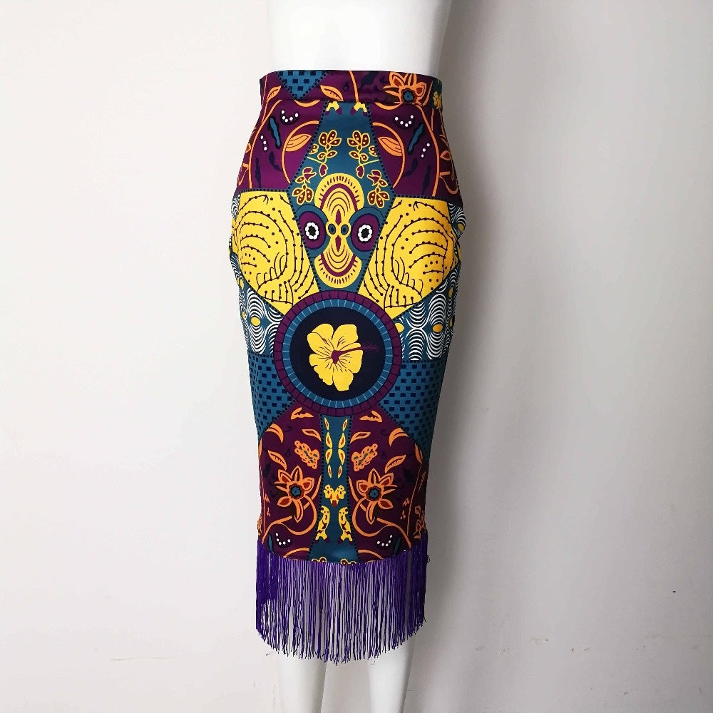 High Waist Print Stitching Tassel Hip Cross-border Plus Size Women's Party Skirt