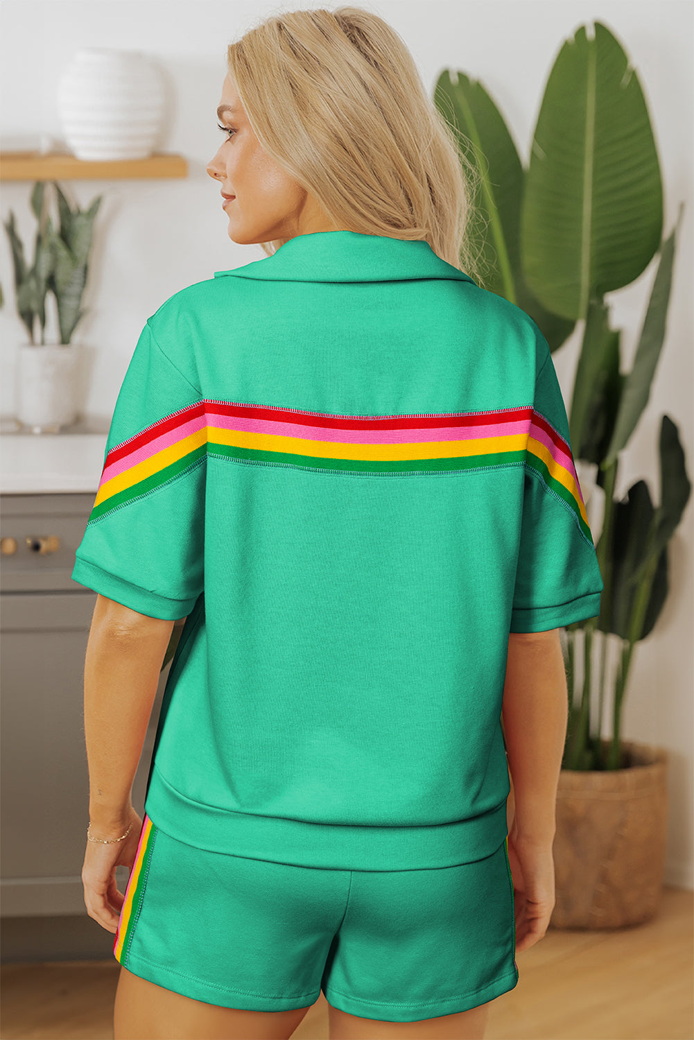 Sea Green Rainbow Colorblock Collared Short Sleeve Top 2 Piece Shorts Set