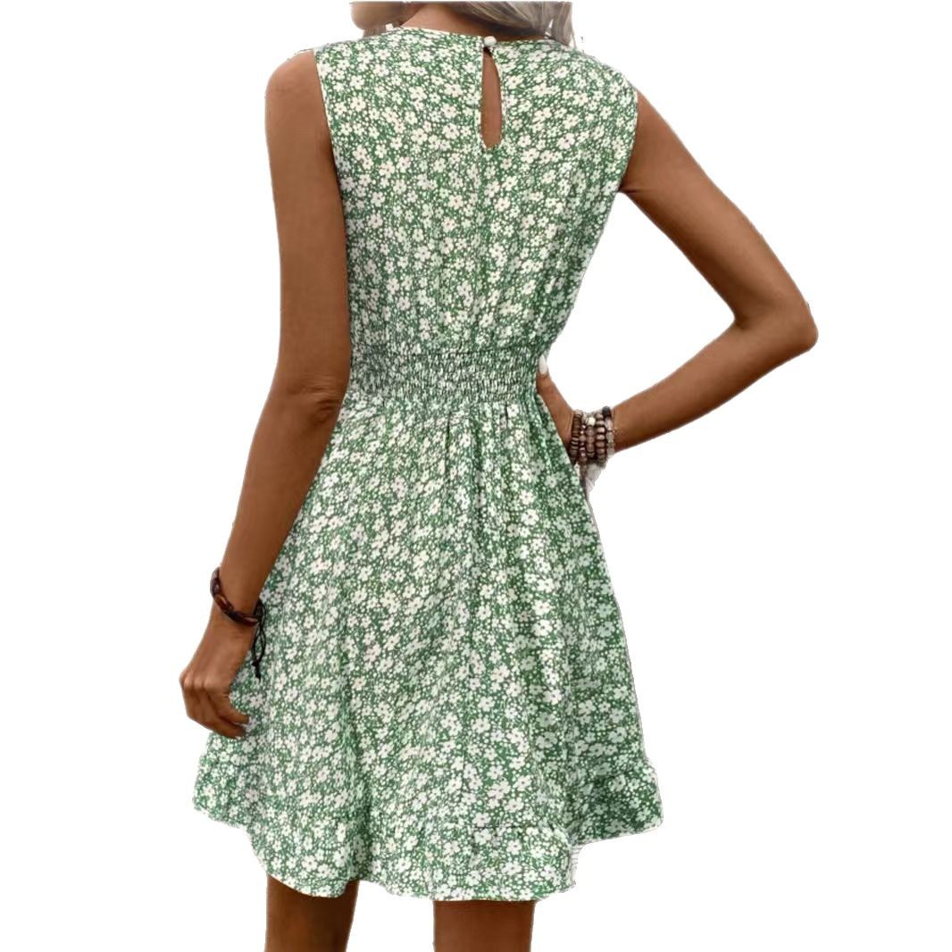Womens Sleeveless Floral Wrap Dress With A Defined Waist And Round Neck