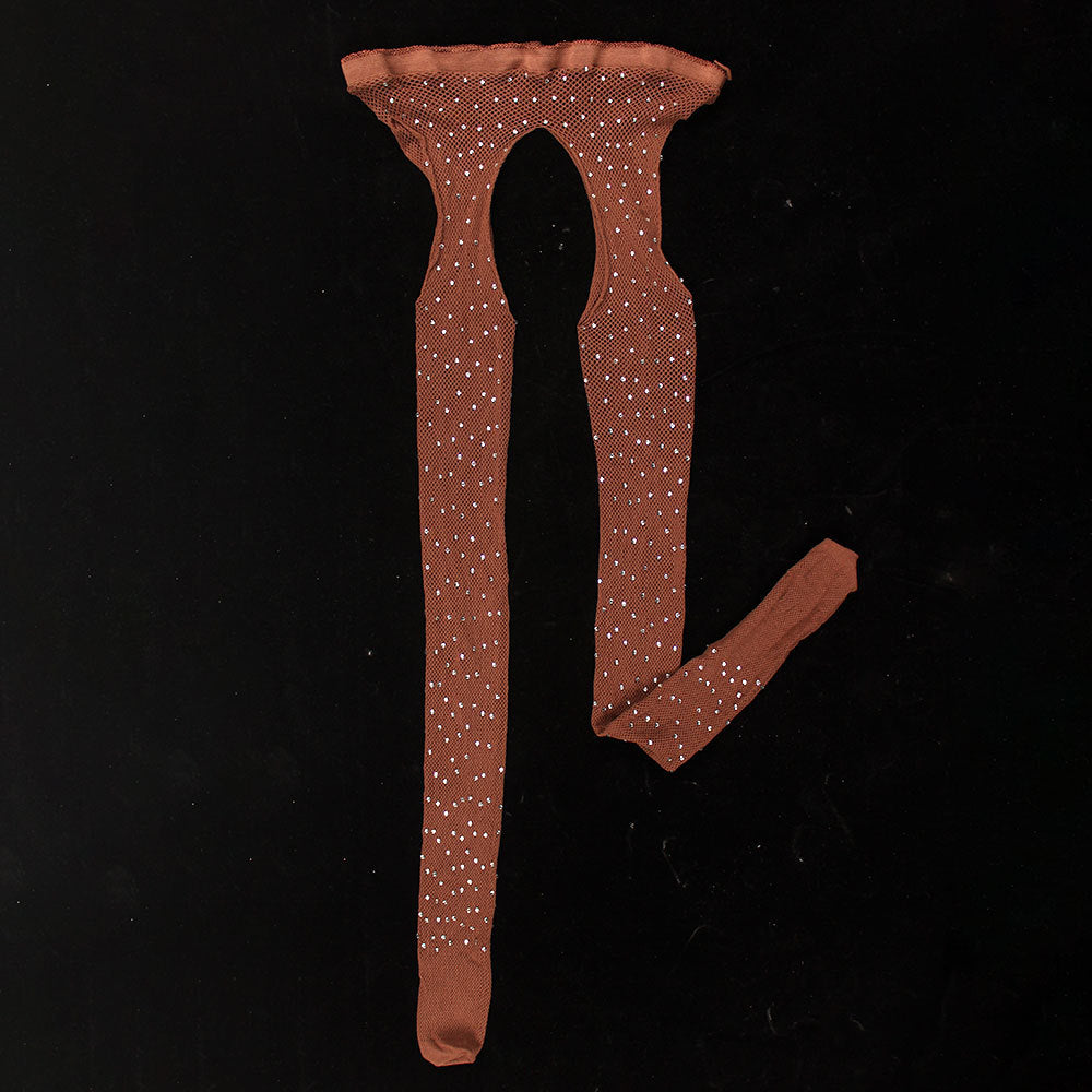 Rhinestone Quartz Four Sides Carved Empty Fishnet Stockings Crotch Free