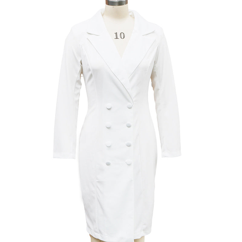 Women's Solid Color Notch Lapel Dress Long Sleeve Button Front Midi Dress For Office & Formal Wear