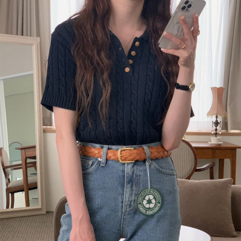 Niche Temperament Polo Collar Hemp Pattern Design Loose Leisure All-matching Short Sleeve