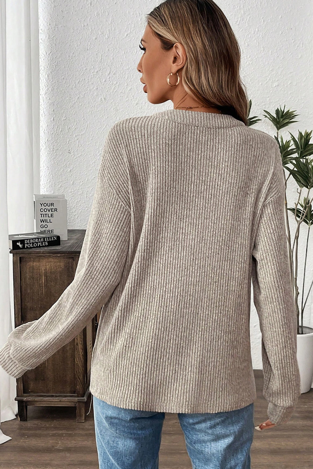 Simply Taupe Plus Size Ribbed Knit Kangaroo Pocket Henley Long Sleeve Top