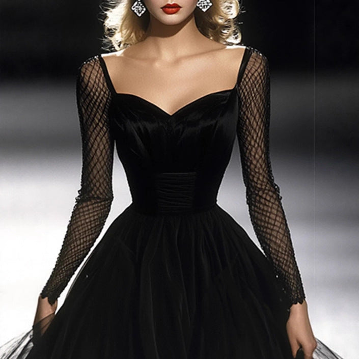 Womens Retro Classic French Black Gauze Dress