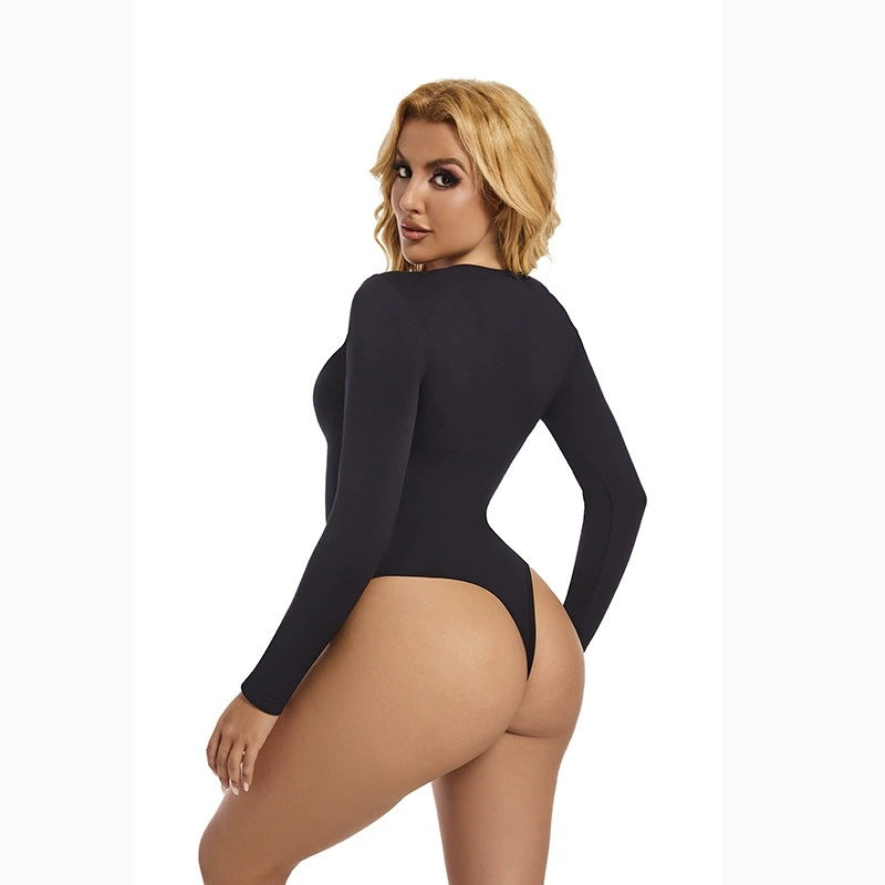 Seamless Waist-shaping Cinched-waist Crew-neck Long-sleeve Thong-style Women's Bodysuit