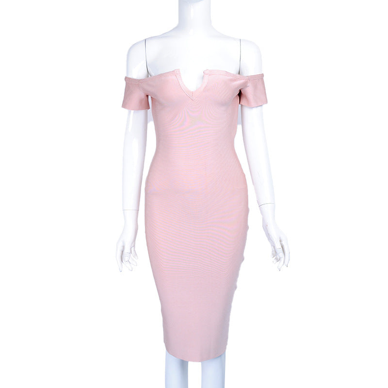 New Womens Off-shoulder Solid-color Bandage Dress