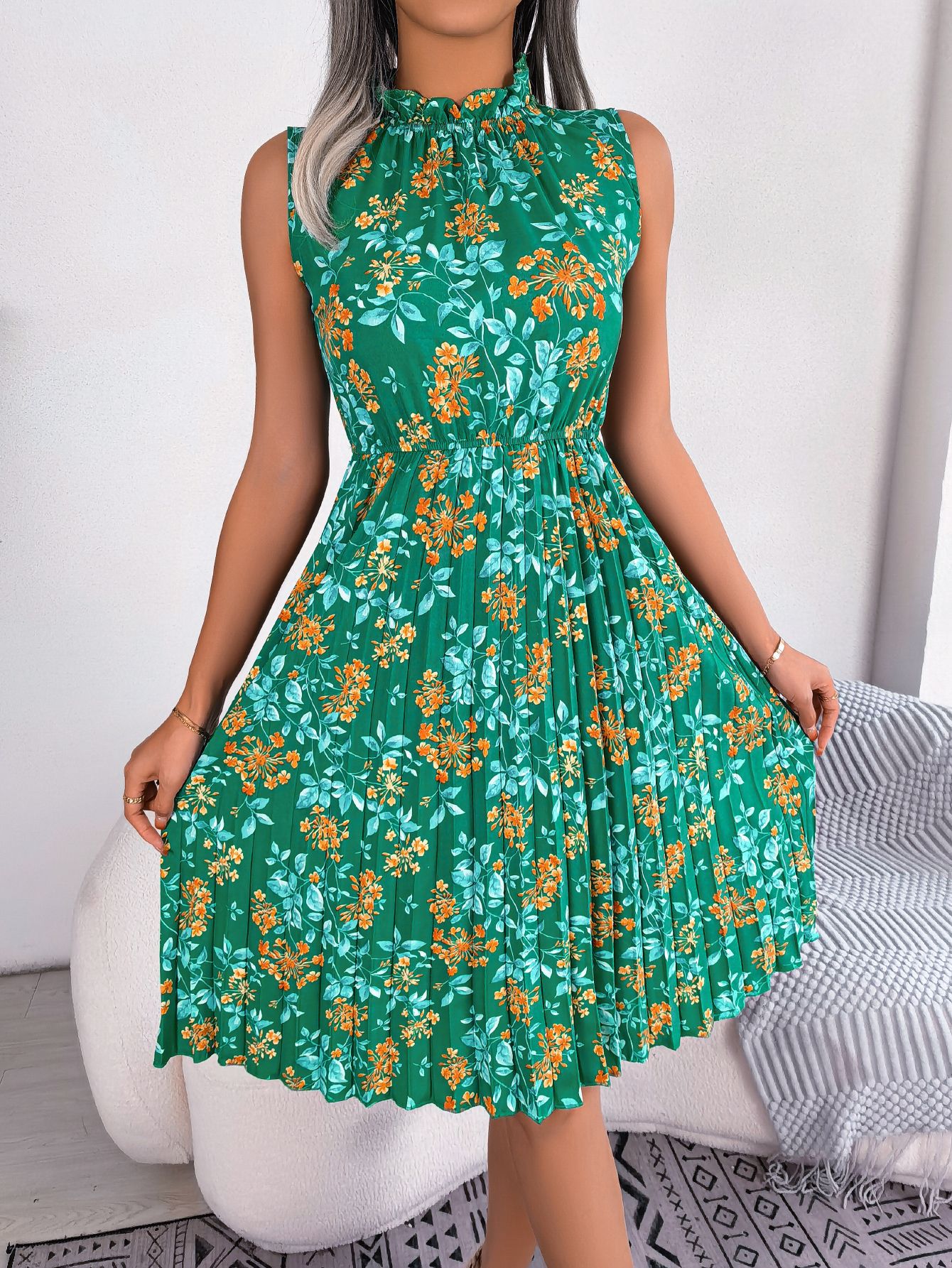 Women Elegant Ruffle Trim Floral Print Tie Waist Pleated Dress