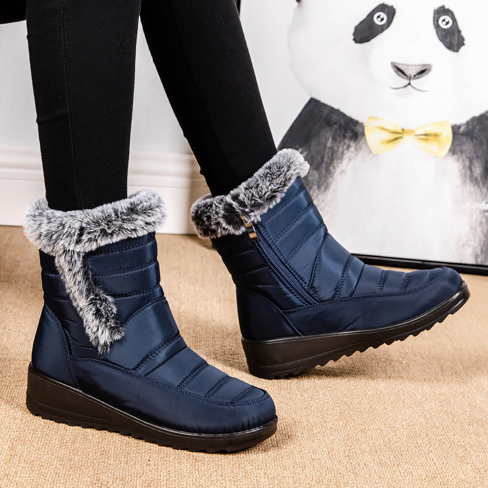 High Top Womens Snow Boots With A Faux Rabbit Fur Collar Side Chain Detailing And Waterproof Design For Maximum Warmth