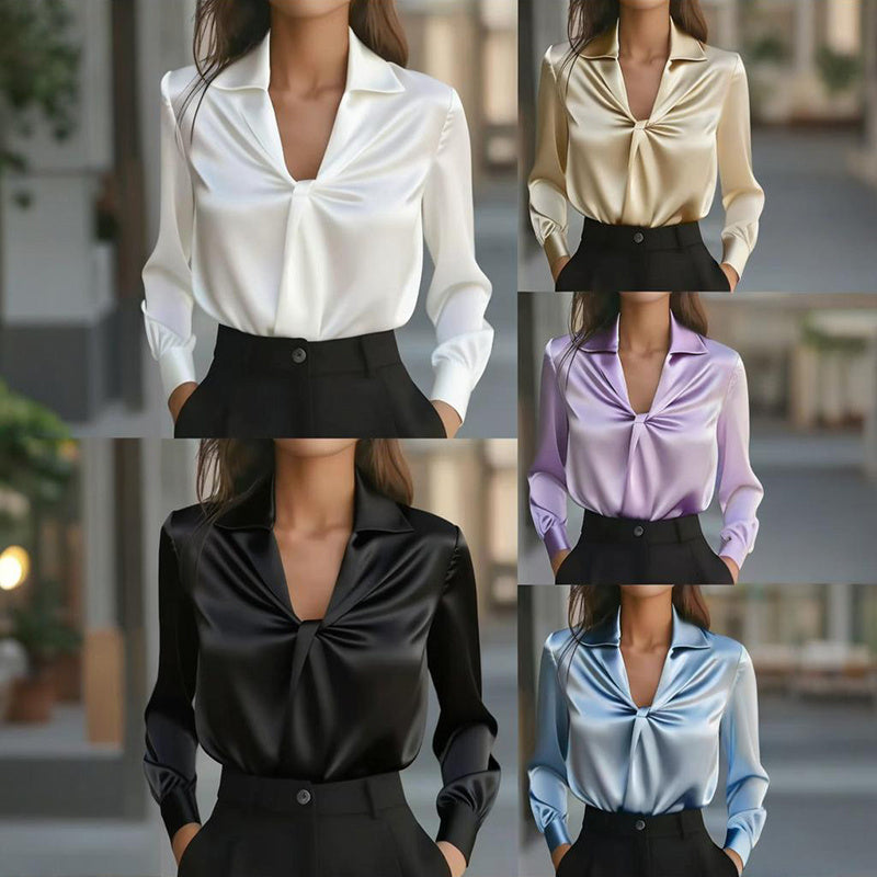 Women's Elegant Solid Color Satin Ruffle Blouse, V-Neck Long Sleeve Shirt For Daily Wear And Dates