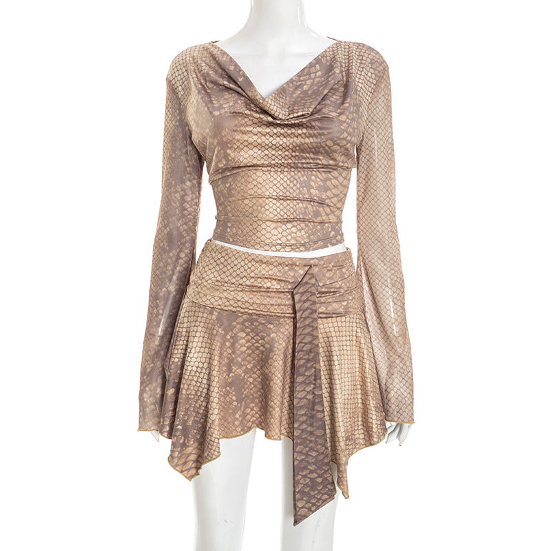 Womens V-neck Long-sleeve Asymmetrical Mini Skirt Casual Set