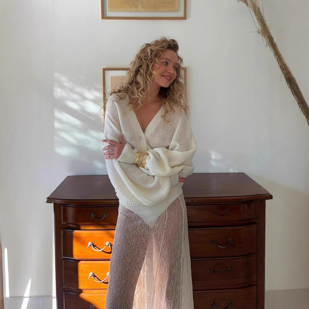 Soft Mohair V-neck Elegant Lazy Style Shell Buckle Lantern Sleeve Sweater