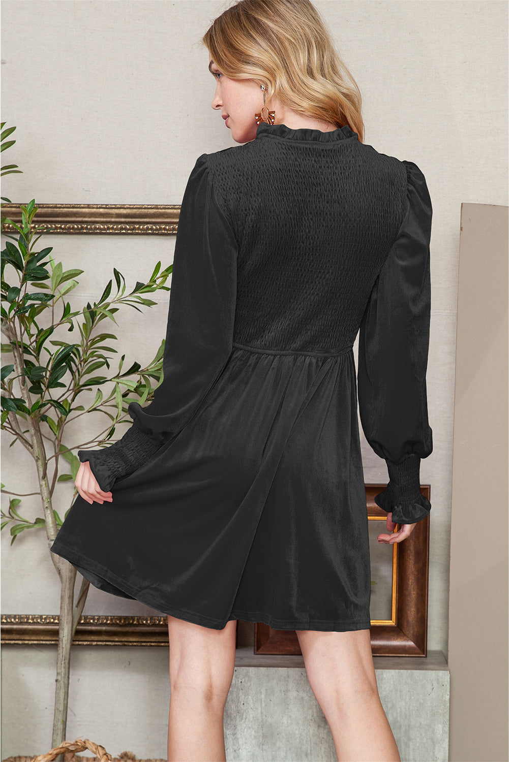 Green Smocked Lantern Sleeve Frilled Velvet Dress