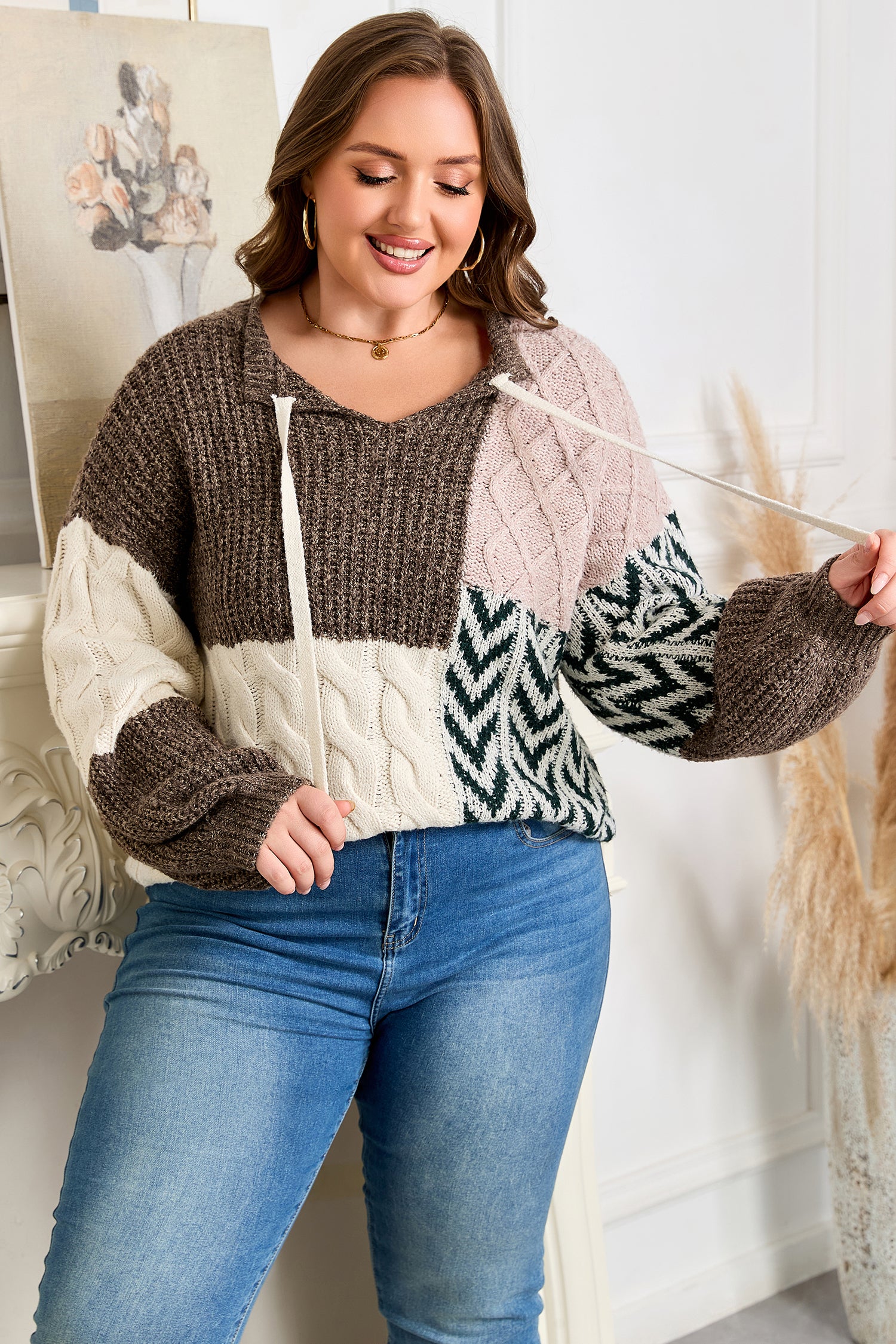 Brown Plus Size Color Block Patchwork Knotted Back Loose Fit Sweater