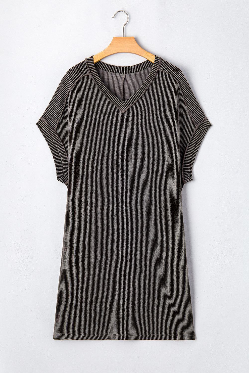 Carbon Grey Corded V Neck Plus Size T Shirt Dress with Pockets