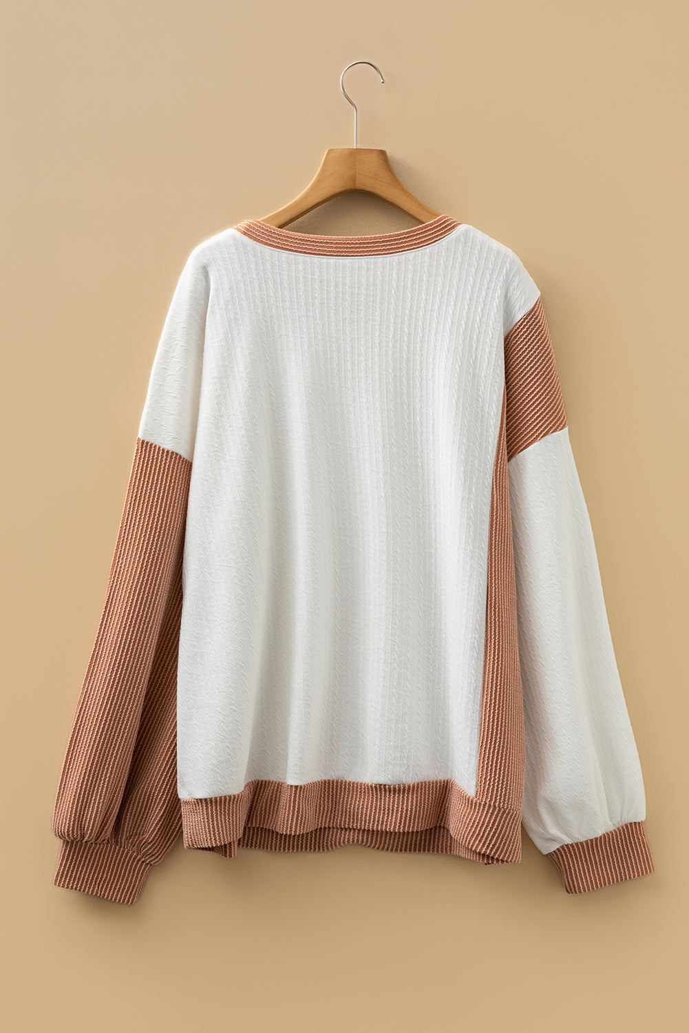 White Cable Texture Ribbed Color Block Plus Size Knit Top