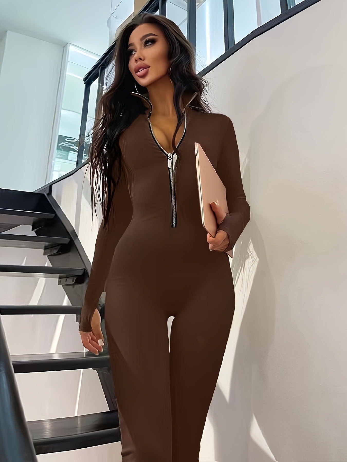 Women's Long Sleeve Jumpsuit With Long Metal Zipper For Autumn And Winter