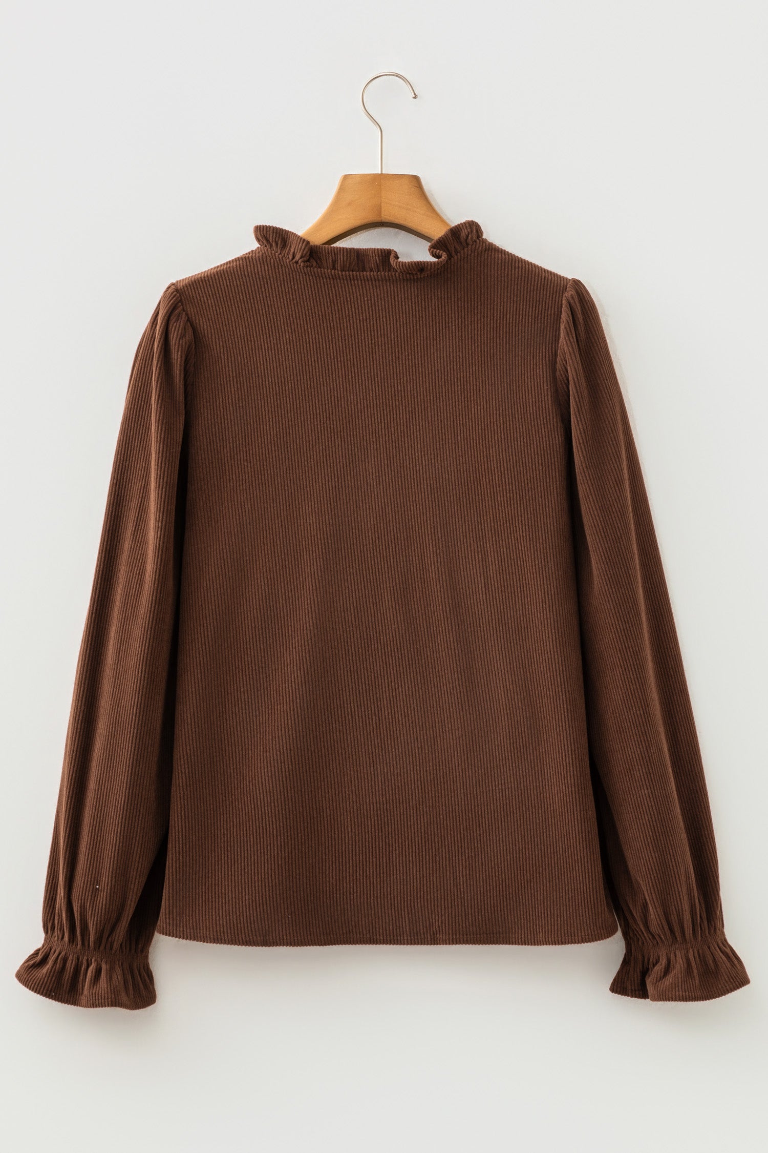 Coffee Solid Color Ruffle Trim V Neck Long Sleeve Button Corduroy Shakcet