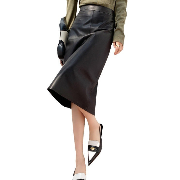 Spring And Autumn New High Waist Simple Version A Versatile Slimming Leather Skirt
