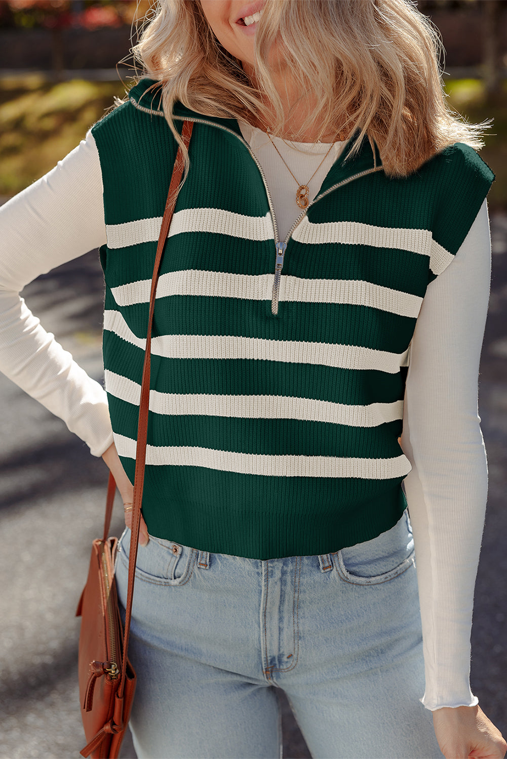 Blackish Green Ribbed Half Zip Collared Sweater Vest